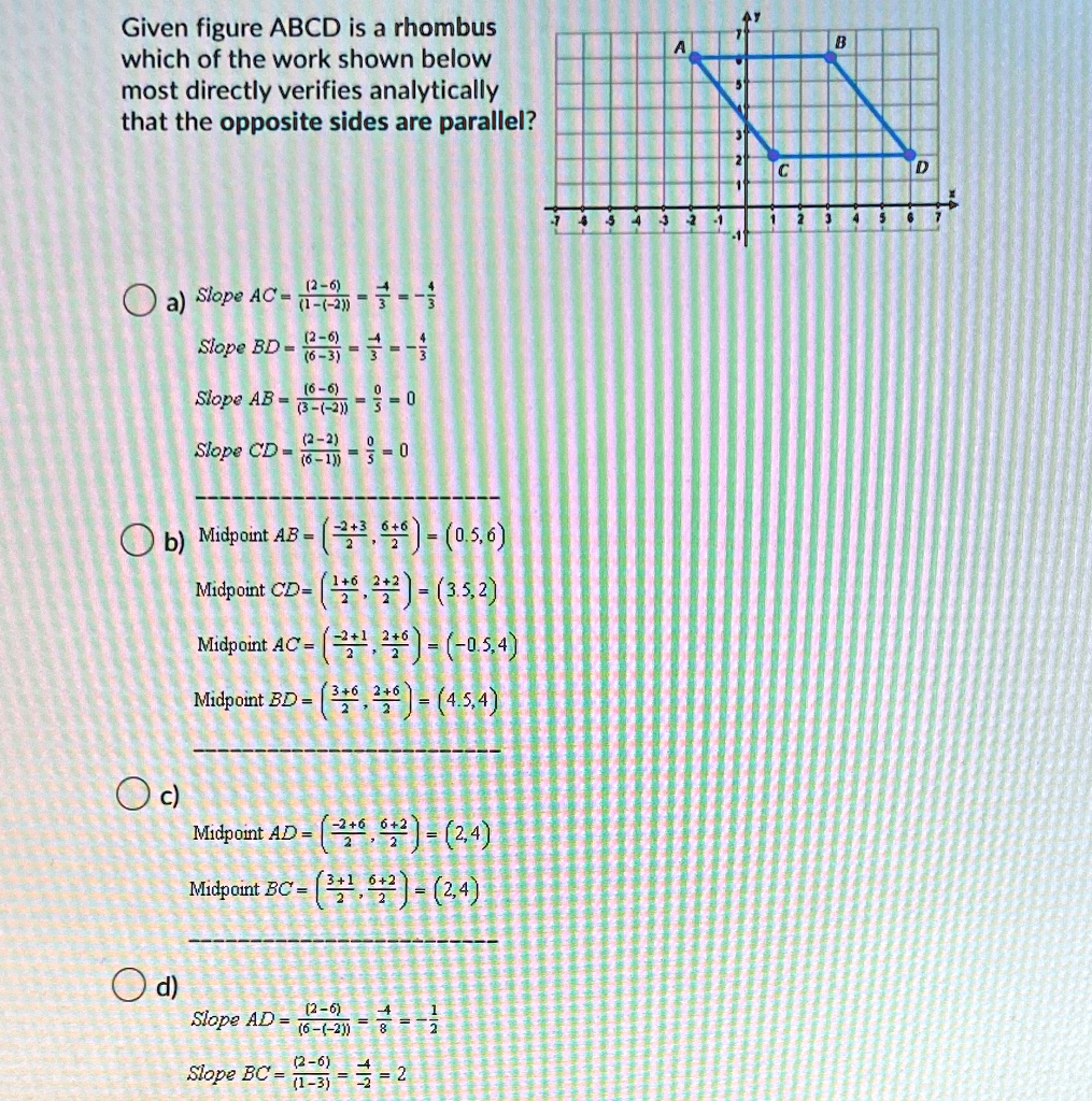 given figure abcd is a rhombus which of the work shown below most directly verifies analytically that the opposite sides are parallel 2 6 a slope ac 7 741 slope bd 02 0 6 3 6 0 slope ab 3272 97495