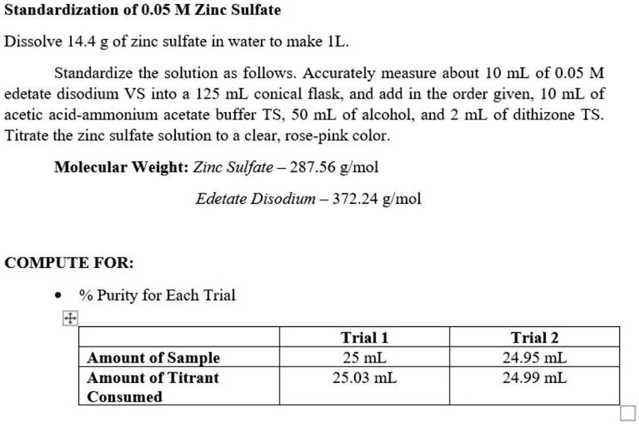 SOLVEDStandardization of 0.05 M Zinc Sulfate Dissolve 14.4 g of zinc