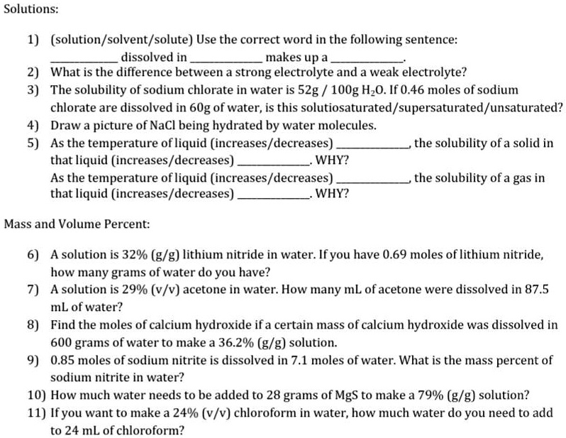 SOLVED: Solutions Mass Volume Percentage Solutions: 1) (solution ...