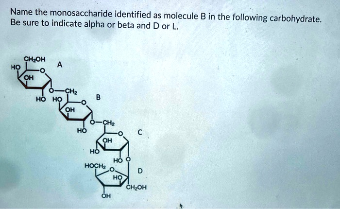 Name the monosaccharide identified as molecule B in the following carbohydrate. Be sure to indicate alpha or beta and D or L.