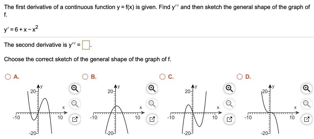 Solved The First Derivative Of A Continuous Function Y F X Is Given Find Y And Then Sketch The General Shape Of The Graph Of Y 6 X X2 The Second Derivative Is Y