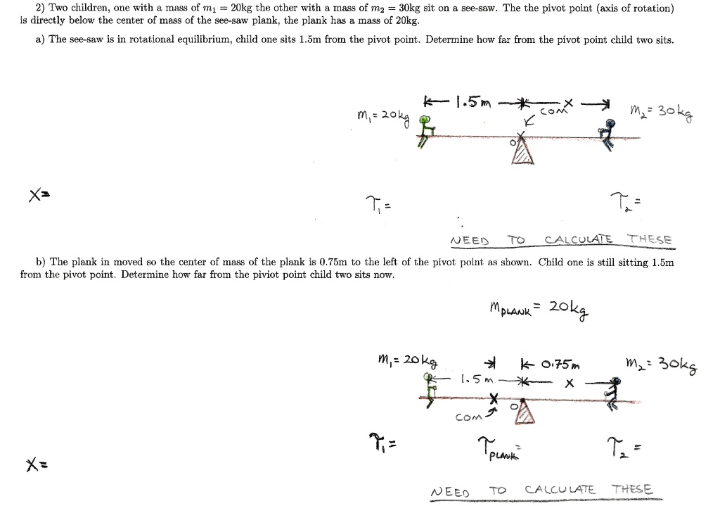 2) Two children, one with a mass of m1 = 20 kg, the other with a mass of m2 = 30 kg, sit on a see-saw. The pivot point (axis of rotation) is directly below the center of mass of the see-saw plank; the plank has a mass of 20 kg.

a) The see-saw is in rotational equilibrium. Child one sits 1.5 m from the pivot point. Determine how far from the pivot point child two sits.

b) The plank is moved so the center of mass of the plank is 0.75 m to the left of the pivot point as shown. Child one is still sitting 1.5 m from the pivot point. Determine how far from the pivot point child two sits now.