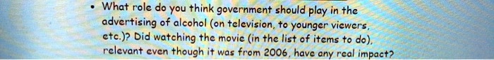 What role do you think government should play in the advertising of alcohol (on television, to younger viewers, etc.)? Did watching the movie (in the list of items to do), relevant even though it was from 2006, have any real impact?