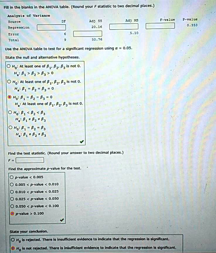 Fill in the blanks in the ANOVA table. (Round your F statistic to two decimal places.)
Analysis of Variance
Source DF Adj SS Adj MS F-value P-value
Regression 20.16 0.353
Error 6 5.10
Total 9 50.76
Use the ANOVA table to test for a significant regression using ? = 0.05.
State the null and alternative hypotheses.
H?: ?? = ?? = ?? = 0
H?: At least one of ??, ??, ?? is not 0.
Find the test statistic. (Round your answer to two decimal places.)
F =
Find the approximate p-value for the test.
p-value > 0.100
State your conclusion.
H? is not rejected. There is insufficient evidence to indicate that the regression is significant.