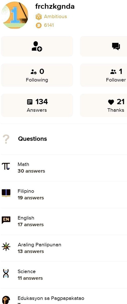 at ito po report na rin po frchzkgnda ambitious 6141 0 following follower b 134 answers 21 thanks questions tc math 30 answers filipino 19 answers en english answers araling panlipunan 13 an 19356
