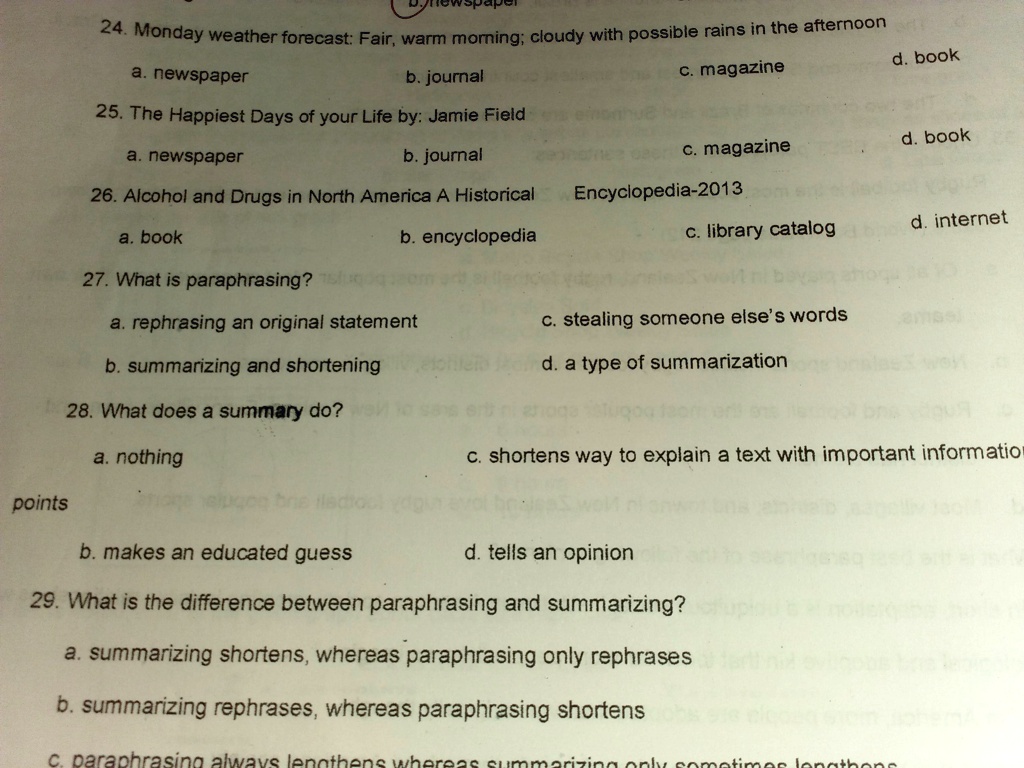 summarizing shortens whereas paraphrasing only rephrases