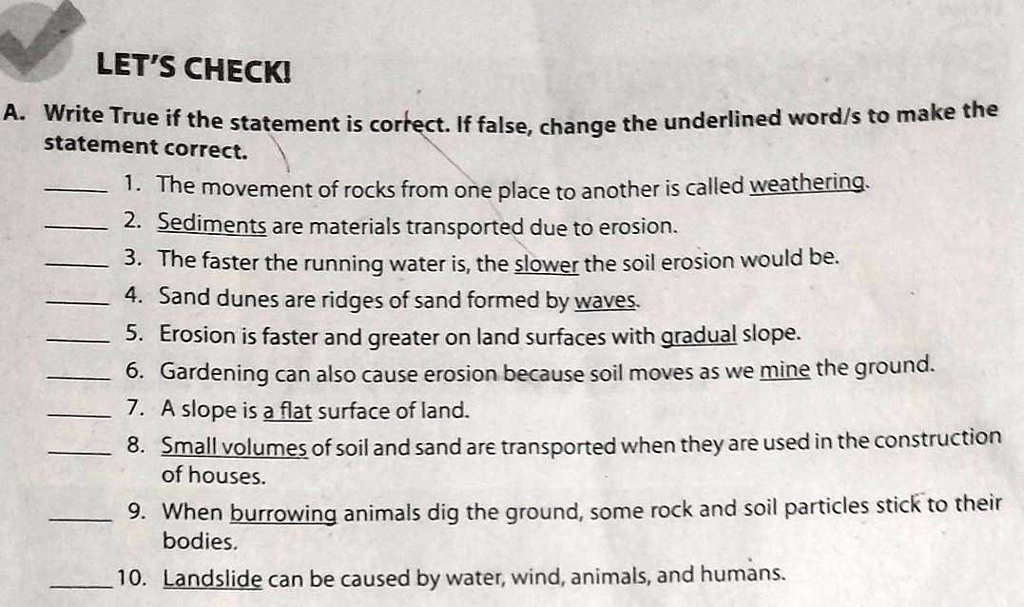 Directions: Write / (check) if the statement is true andX (cross