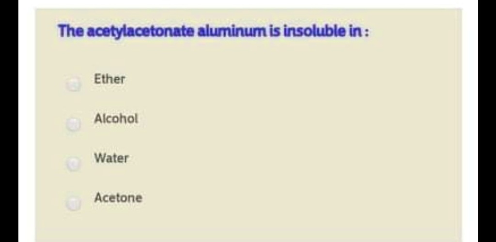 SOLVED The acetylacetonate aluminum is insoluble in Ether Alcohol