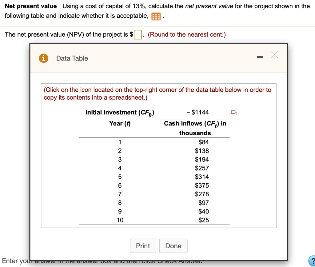 Solved Net Present Valueâ€ƒâ€ƒâ€ƒusing A Cost Of Capital Of 13 Calculate The Net Present 2719