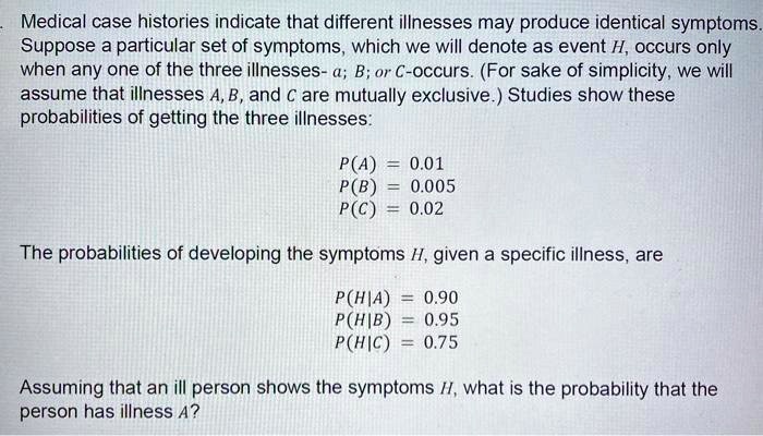 Medical case histories indicate that different illnesses may produce identical symptoms. Suppose a particular set of symptoms, which we will denote as event H, occurs only when any one of the three illnesses- a; B; or C-occurs. (For sake of simplicity, we will assume that illnesses A, B, and C are mutually exclusive.) Studies show these probabilities of getting the three illnesses:

P(A) = 0.01
P(B) = 0.005
P(C) = 0.02

The probabilities of developing the symptoms H, given a specific illness, are

P(H|A) = 0.90
P(H|B) = 0.95
P(H|C) = 0.75

Assuming that an ill person shows the symptoms H, what is the probability that the person has illness A?