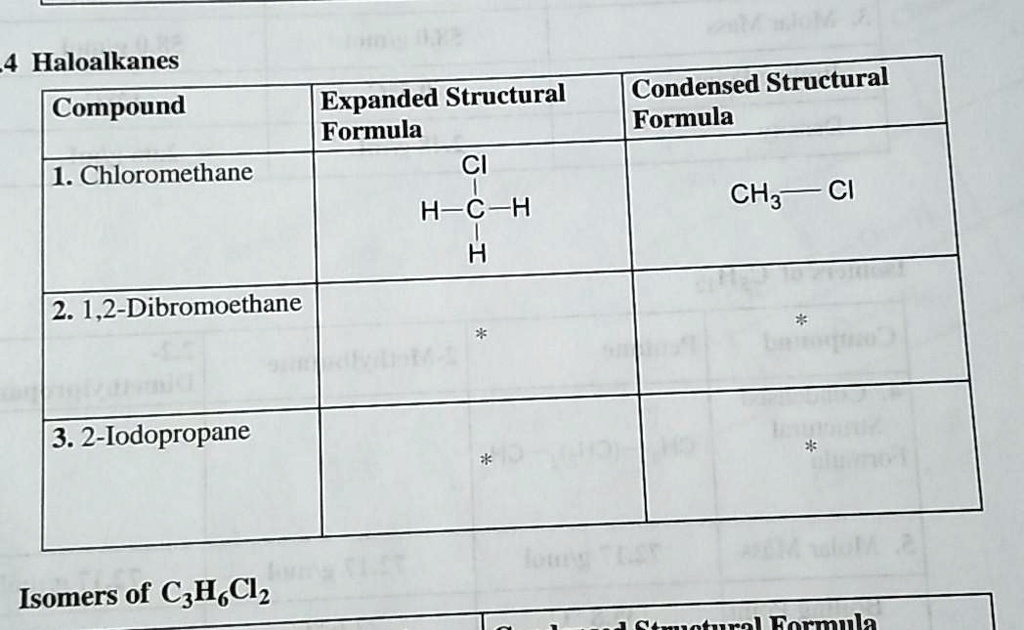 SOLVED: 4 Haloalkanes Expanded Structural Formula Cl H-C-H H Condensed ...