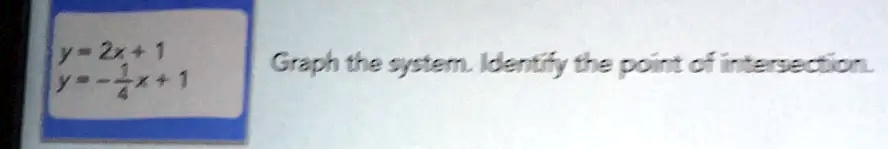 y = 2x + 1
y = -(1)/(4)x + 1
Graph the system. Identify the point of intersection.