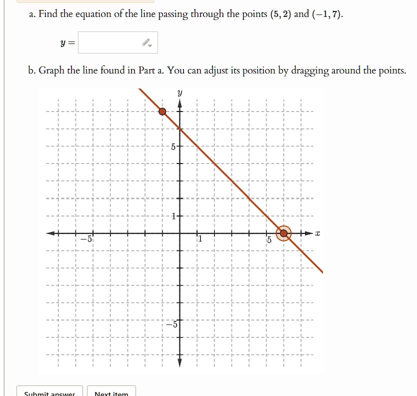 a. Find the equation of the line passing through the points (5, 2) and (-1, 7).
y = 
b. Graph the line found in Part a. You can adjust its position by dragging around the points.