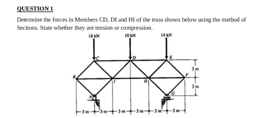 QUESTION 1
Determine the forces in Members CD, DI and HI of the truss shown below using the method of Sections. State whether they are tension or compression.