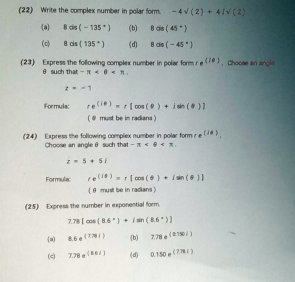22 write the complex number in polar form 4v2 4iv 2 a 8 cis...