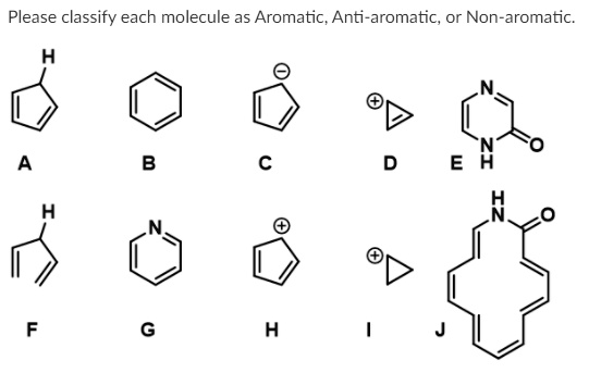 please classify each molecule as aromatic anti aromatic or non aromatic 15572