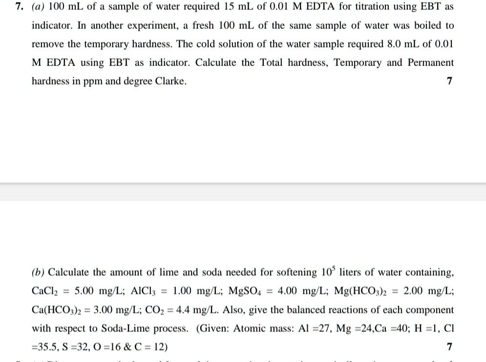 SOLVED Solve these 7. (a) 100 mL of a sample of water required 15 mL of 0.01 M EDTA for