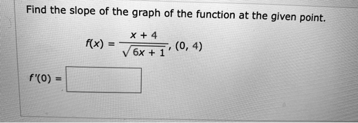Find the slope of the graph of the function at the given point.f(x) = fracx + 4sqrt6x + 1, (0, 4)
f'(0) =