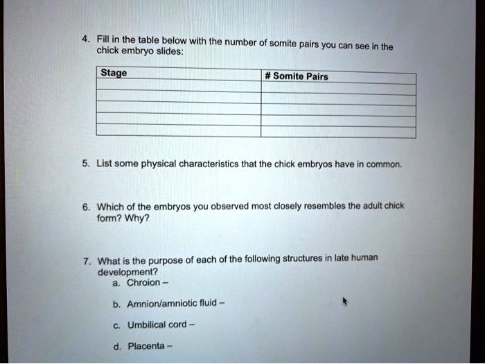 Solved Fill In The Table Below With The Number Of Somite Pairs Chick You Can See In The Embryo Slides Stage Somite Pairs List Some Physical Characteristics That The Chick Embryos Have In