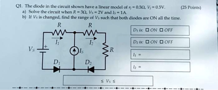 SOLVED: Q1. The diodes in the circuit shown have a linear model of r ...