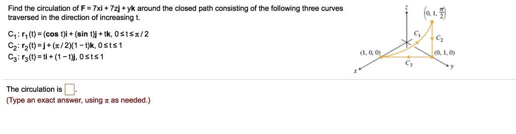 Find the circulation of F = 7xi + 7zj + yk around the closed path consisting of the following three curves traversed in the direction of increasing t.

C1: r1(t) = (cos t)i + (sin t)j + tk, 0 ? t ? ?/2
C2: r2(t) = j + (?/2)(1 - t)k, 0 ? t ? 1
C3: r3(t) = ti + (1 - t)j, 0 ? t ? 1

The circulation is .
(Type an exact answer, using ? as needed.)