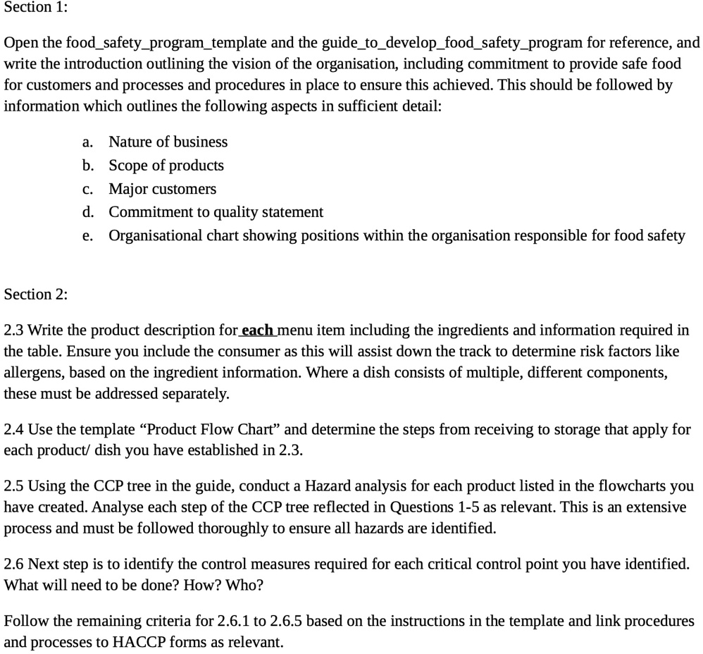 SOLVED 'Section 1 Open the food safety programtemplate and the guide
