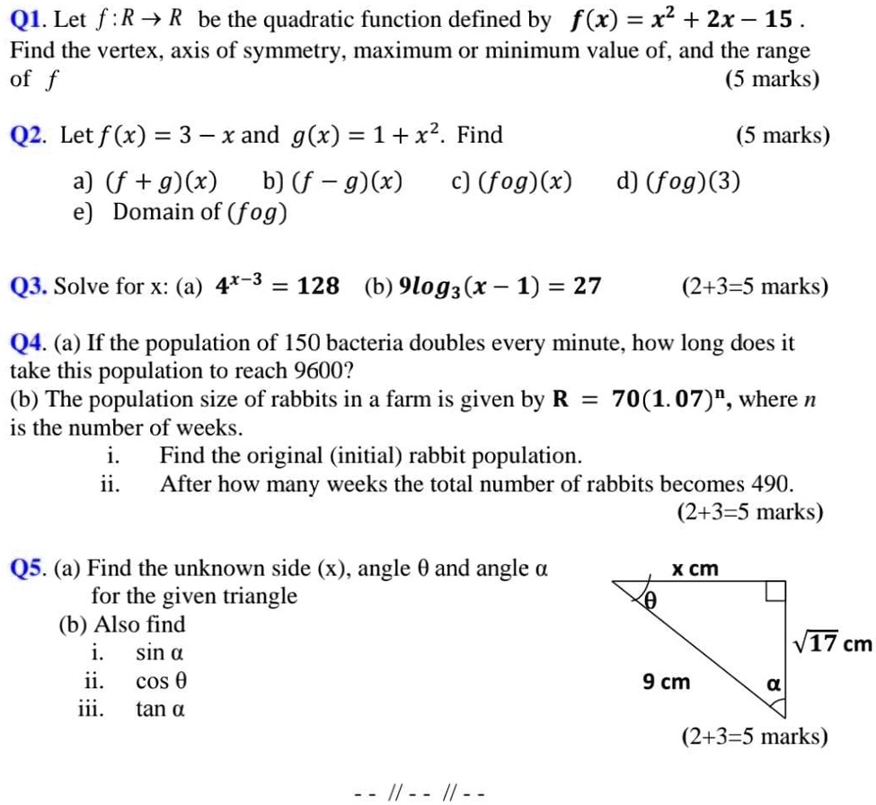 Solved Q1 Let F R V R Be The Quadratic Function Defined By F X X2 2x 15 Find The Vertex Axis Of Symmetry Maximum Or Minimum Value Of And The Range Of