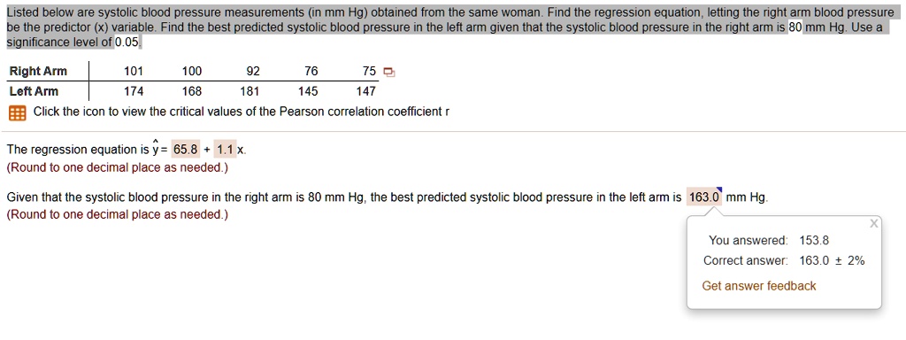 Listed below are systolic blood pressure measurements (in mm Hg) obtained from the same woman. Find the regression equation, letting the right arm blood pressure be the predictor (x) variable. Find the best predicted systolic blood pressure in the left arm given that the systolic blood pressure in the right arm is 80 mm Hg. Use a significance level of 0.05.

Right Arm 101 100 92 76 75
Left Arm 174 168 181 145 147

Click the icon to view the critical values of the Pearson correlation coefficient r

The regression equation is y? = 65.8 + 1.1 x.
(Round to one decimal place as needed.)

Given that the systolic blood pressure in the right arm is 80 mm Hg, the best predicted systolic blood pressure in the left arm is 163.0 mm Hg.
(Round to one decimal place as needed.)