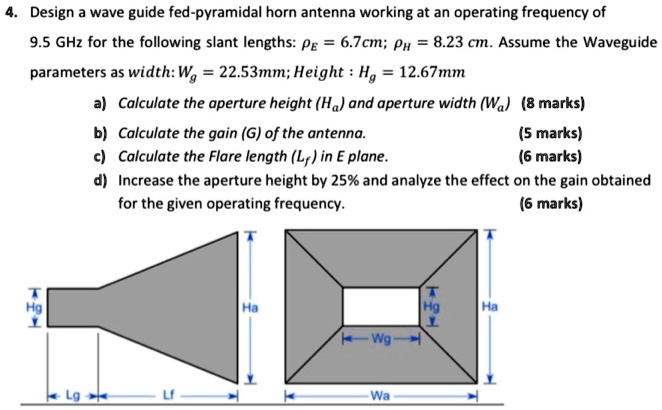 4. Design a wave guide fed-pyramidal horn antenna working at an operating frequency of
9.5 GHz for the following slant lengths: hoE = 6.7cm; hoH = 8.23 cm. Assume the Waveguide
parameters as width: Wg = 22.53mm; Height: Hg = 12.67mm
a) Calculate the aperture height (Ha) and aperture width (Wa) (8 marks)
b) Calculate the gain (G) of the antenna.  (5 marks)
c) Calculate the Flare length (Lf) in E plane. (6 marks)
d) Increase the aperture height by 25% and analyze the effect on the gain obtained
for the given operating frequency. (6 marks)