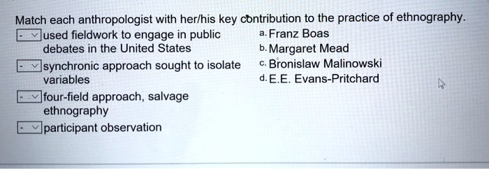 Match each anthropologist with her/his key contribution to the practice of ethnography.
used fieldwork to engage in public debates in the United States
synchronic approach sought to isolate variables
four-field approach, salvage ethnography
participant observation
a. Franz Boas
b. Margaret Mead
c. Bronislaw Malinowski
d. E.E. Evans-Pritchard