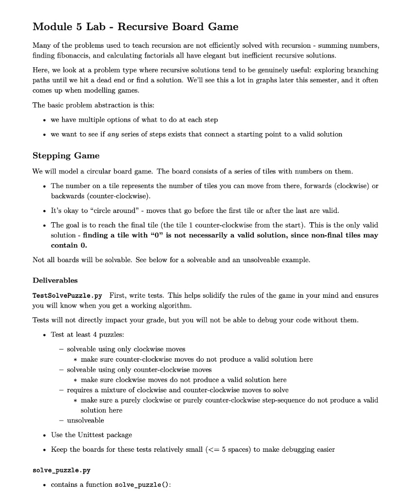 Module 5 Lab - Recursive Board Game Many of the problems used to teach ...