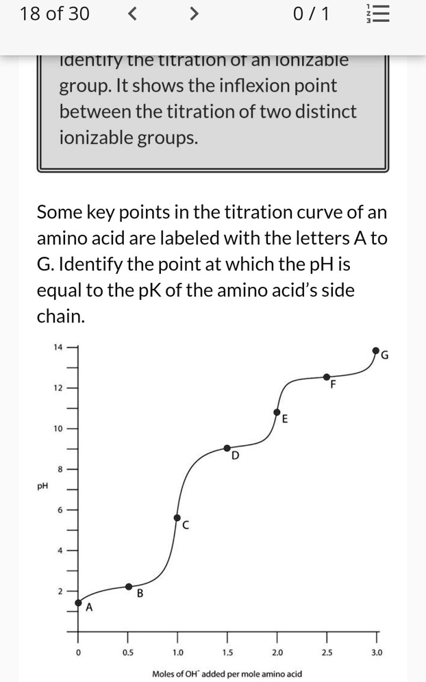 iii 18 of 30 0 1 identity tne tltration ot an ionizable group it shows the inflexion point between the titration of two distinct ionizable groups some key points in the titration curve of an 78215