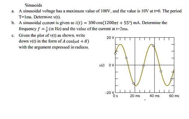 A sinusoidal voltage has a maximum value of 100V, and the value is 10V ...