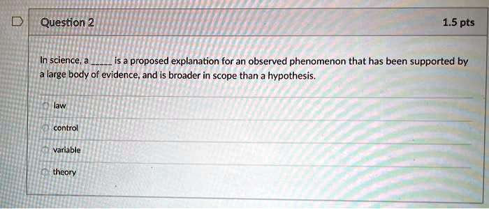 SOLVED: Question 2 1.5 pts In science, proposed explanation for an ...