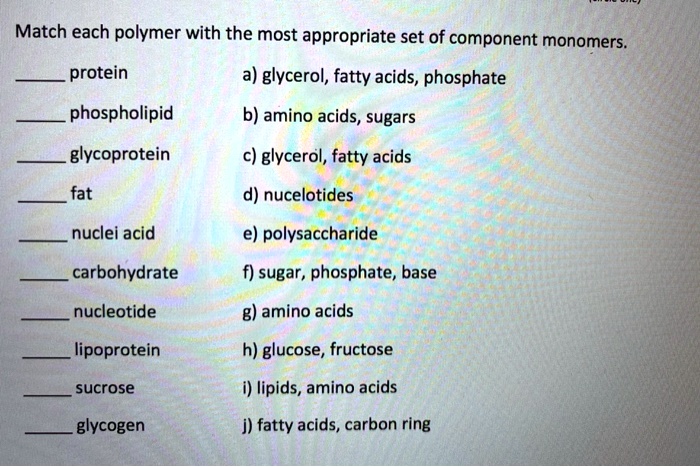 Match each polymer with the most appropriate set of component monomers.

 protein a) glycerol, fatty acids, phosphate
 phospholipid b) amino acids, sugars
 glycoprotein c) glycerol, fatty acids
 fat d) nucelotides
 nuclei acid e) polysaccharide
 carbohydrate f) sugar, phosphate, base
 nucleotide g) amino acids
 lipoprotein h) glucose, fructose
 sucrose i) lipids, amino acids
 glycogen j) fatty acids, carbon ring