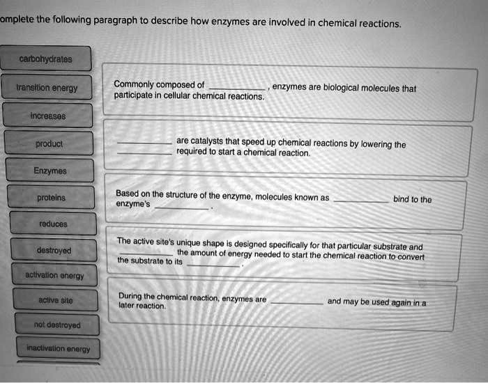 SOLVED: Complete the following paragraph to describe how enzymes are