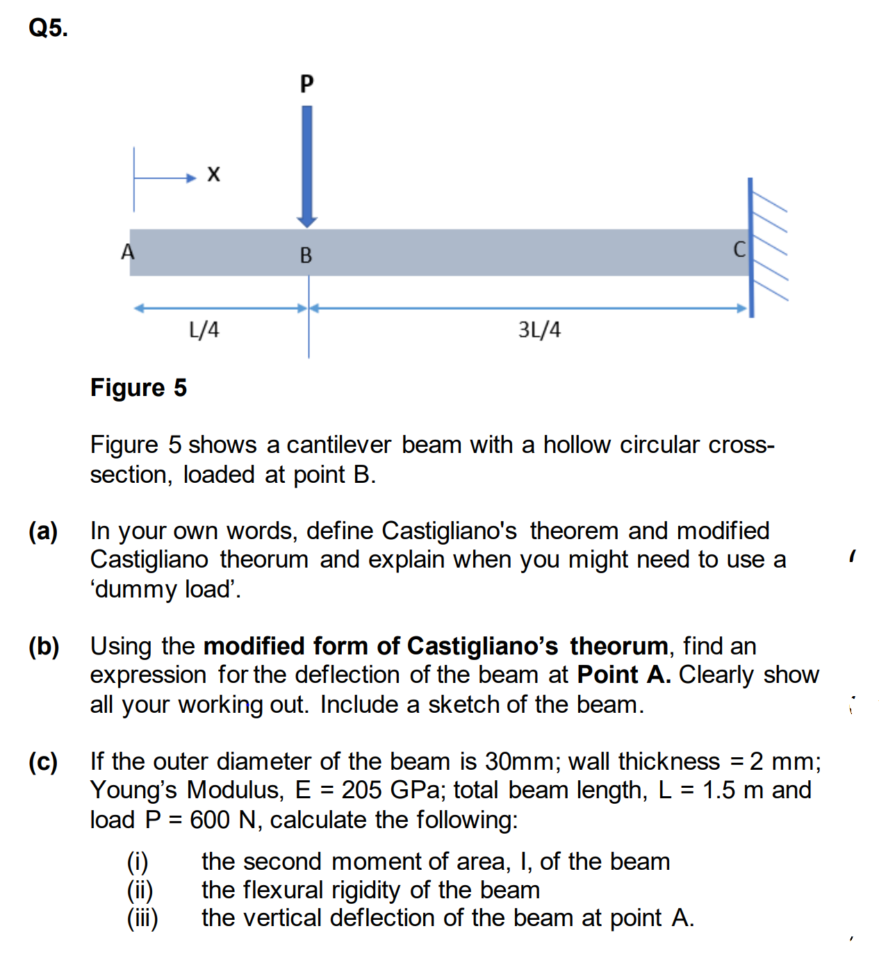 Q5.
Figure 5
Figure 5 shows a cantilever beam with a hollow circular cross-section, loaded at point B.
(a) In your own words, define Castigliano's theorem and modified Castigliano theorum and explain when you might need to use a 'dummy load'.
(b) Using the modified form of Castigliano’s theorum, find an expression for the deflection of the beam at Point A. Clearly show all your working out. Include a sketch of the beam.
(c) If the outer diameter of the beam is 30mm; wall thickness = 2 mm; Young’s Modulus, E = 205 GPa; total beam length, L = 1.5 m and load P = 600 N, calculate the following:
(i) the second moment of area, I, of the beam
(ii) the flexural rigidity of the beam
(iii) the vertical deflection of the beam at point A.