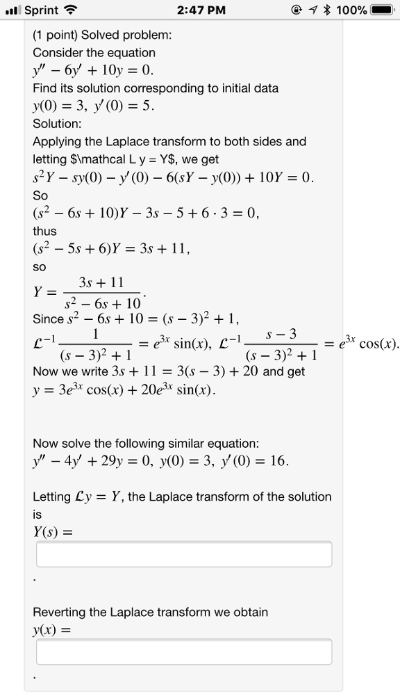 Sprint (1 point) Solved problem: Consider the equation y" - 6y' + 10y ...