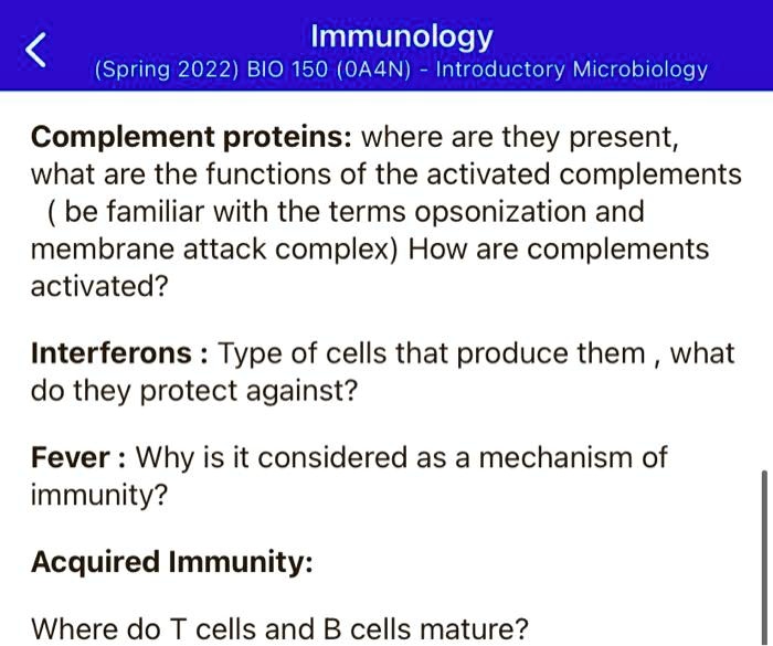 SOLVED Immunology (Spring 2022) BIO 150 (0A4N)Introductory