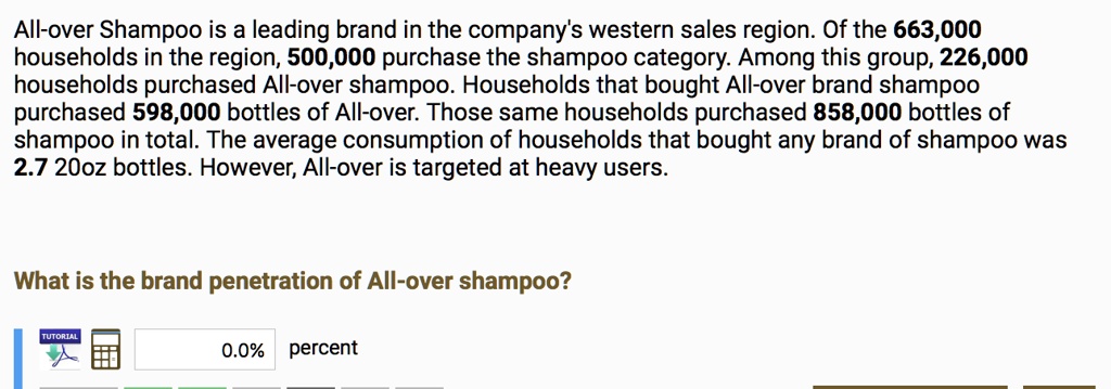 All-over Shampoo is a leading brand in the company's western sales region. Of the 663,000 households in the region, 500,000 purchase the shampoo category. Among this group, 226,000 households purchased All-over shampoo. Households that bought All-over brand shampoo purchased 598,000 bottles of All-over. Those same households purchased 858,000 bottles of shampoo in total. The average consumption of households that bought any brand of shampoo was 2.7 20oz bottles. However, All-over is targeted at heavy users.

What is the brand penetration of All-over shampoo?

0.0% percent