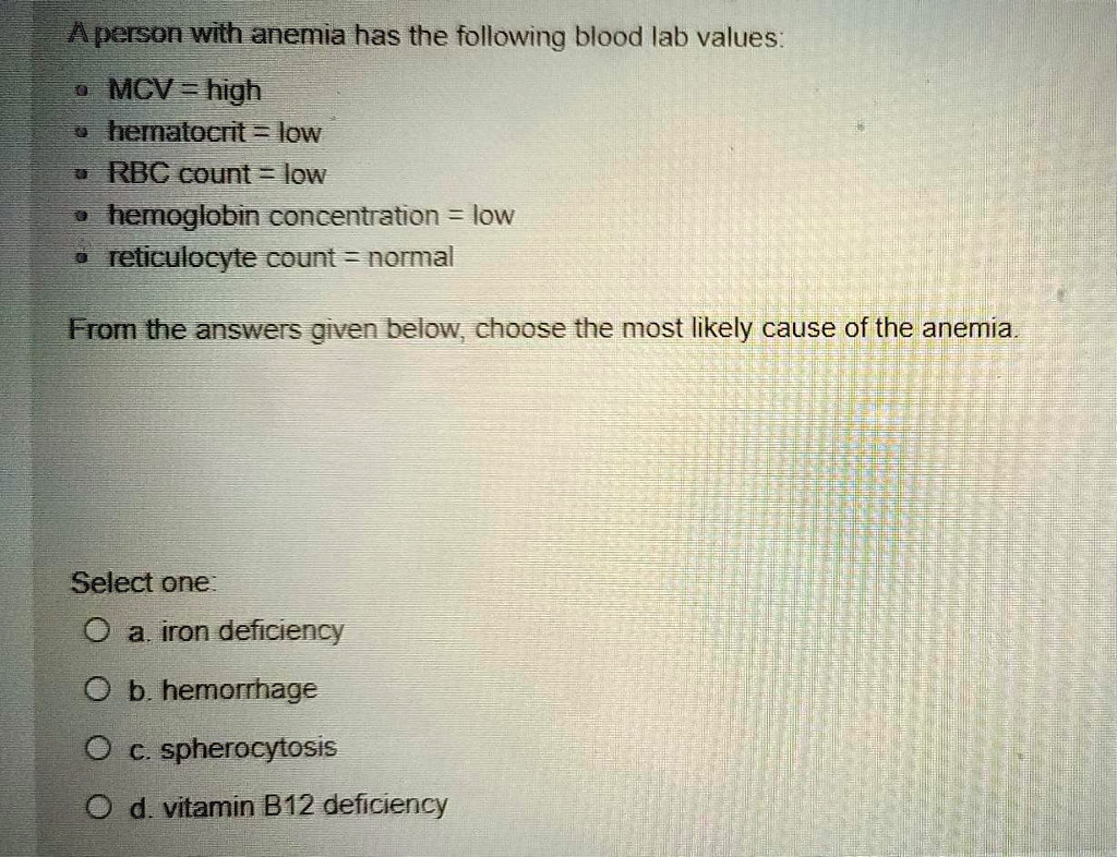 SOLVED EAperson with anemia has the following blood lab values_ MCV