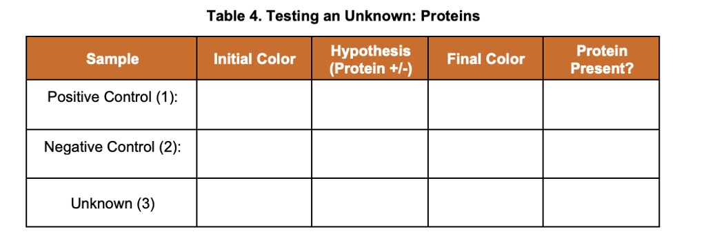Table 4. Testing an Unknown: Proteins
Sample
Initial Color
Hypothesis (Protein +/-)
Final Color
Protein Present?
Positive Control (1):
Negative Control (2):
Unknown (3)