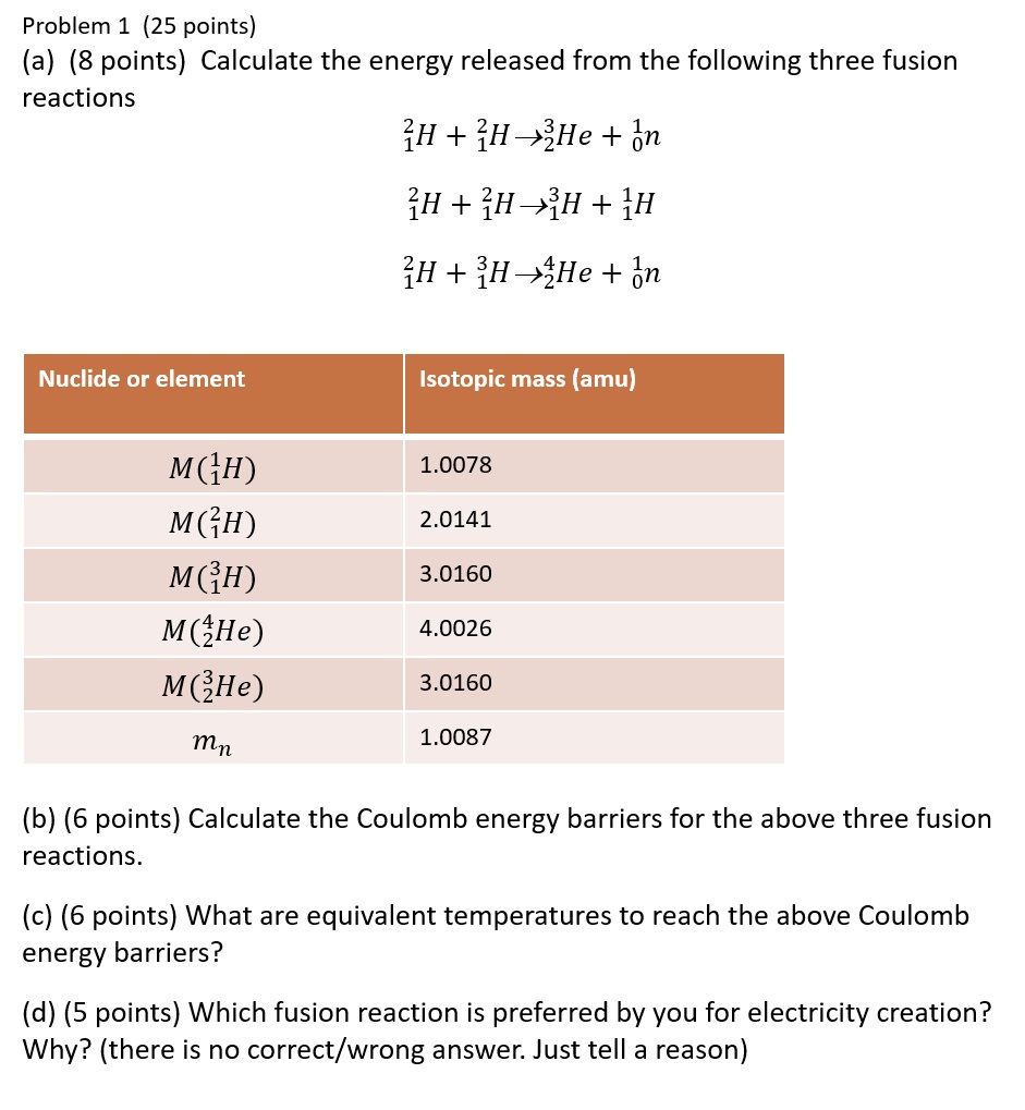 SOLVED: Problem 1 (25 Points) (a) (8 Points) Calculate The Energy ...