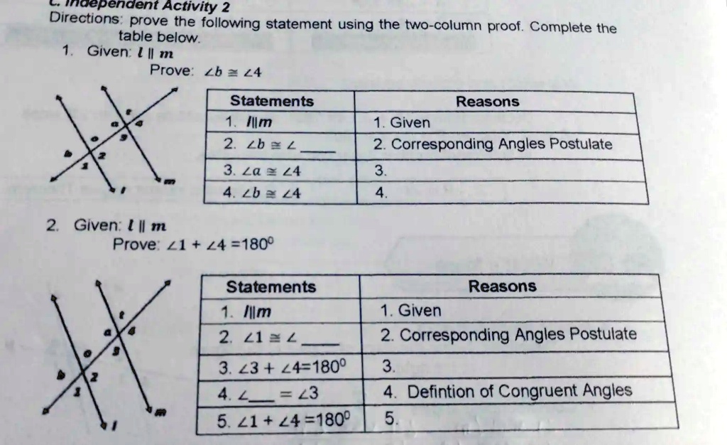 independent activity 2 directions prove the following statement using the two column proof complete the table below given il m prove lb e 24 statements illm 2 lb 2 3 za 2 44 4 4be 44 reasons 35678