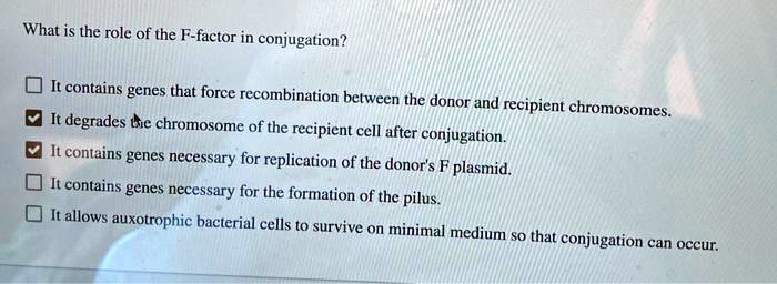 What is the role of the F-factor in conjugation?
It contains genes that force recombination between the donor and recipient chromosomes.
It degrades the chromosome of the recipient cell after conjugation.
It contains genes necessary for replication of the donor's F plasmid.
It contains genes necessary for the formation of the pilus.
It allows auxotrophic bacterial cells to survive on minimal medium so that conjugation can occur.