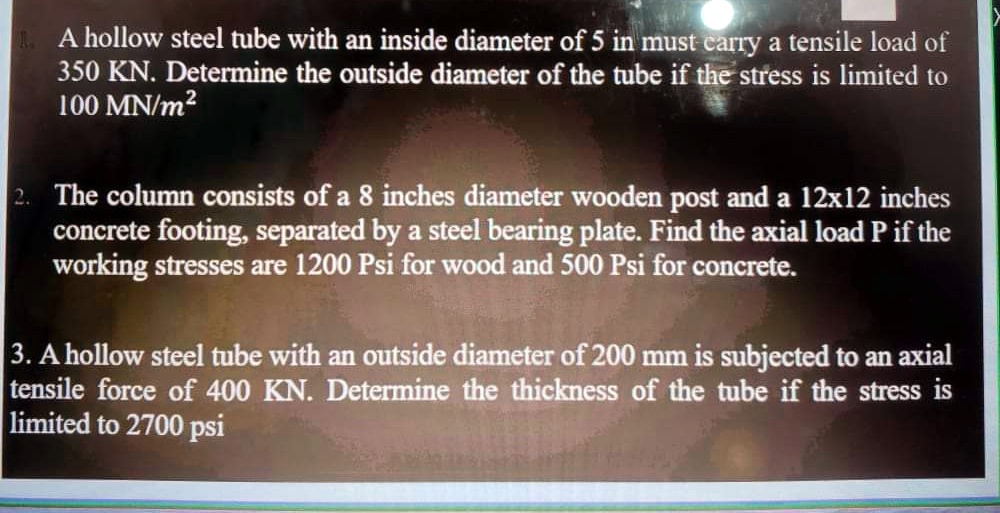 SOLVED: A hollow steel tube with an inside diameter of 5 in must carry ...