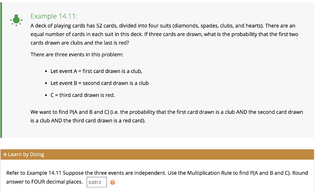 Example 14.11: A deck of playing cards has 52 cards, divided...