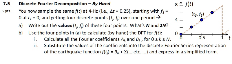 7.5
Discrete Fourier Decomposition - By Hand
5 pts
You now sample the same f(t) at 4-Hz (i.e., ?t = 0.25), starting with f? = 
0 at t? = 0, and getting four discrete points (tj, fj) over one period ?
a) Write out the values (tj, fj) of these four points. What's N and 2N?
b) Use the four points in (a) to calculate (by-hand) the DFT for f(t):
i. Calculate all the Fourier coefficients A? and B?, for 0 ? k ? N,
ii. Substitute the values of the coefficients into the discrete Fourier Series representation
of the earthquake function f(t) = B? + ?(... etc. ...) and express in a simplified form.