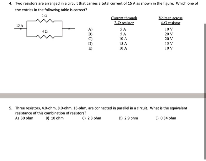Two resistors are arranged in a circuit that carries a total current of