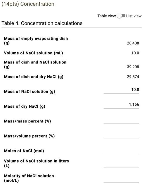 SOLVED Table view List view Table 4 Concentration calculations Mass